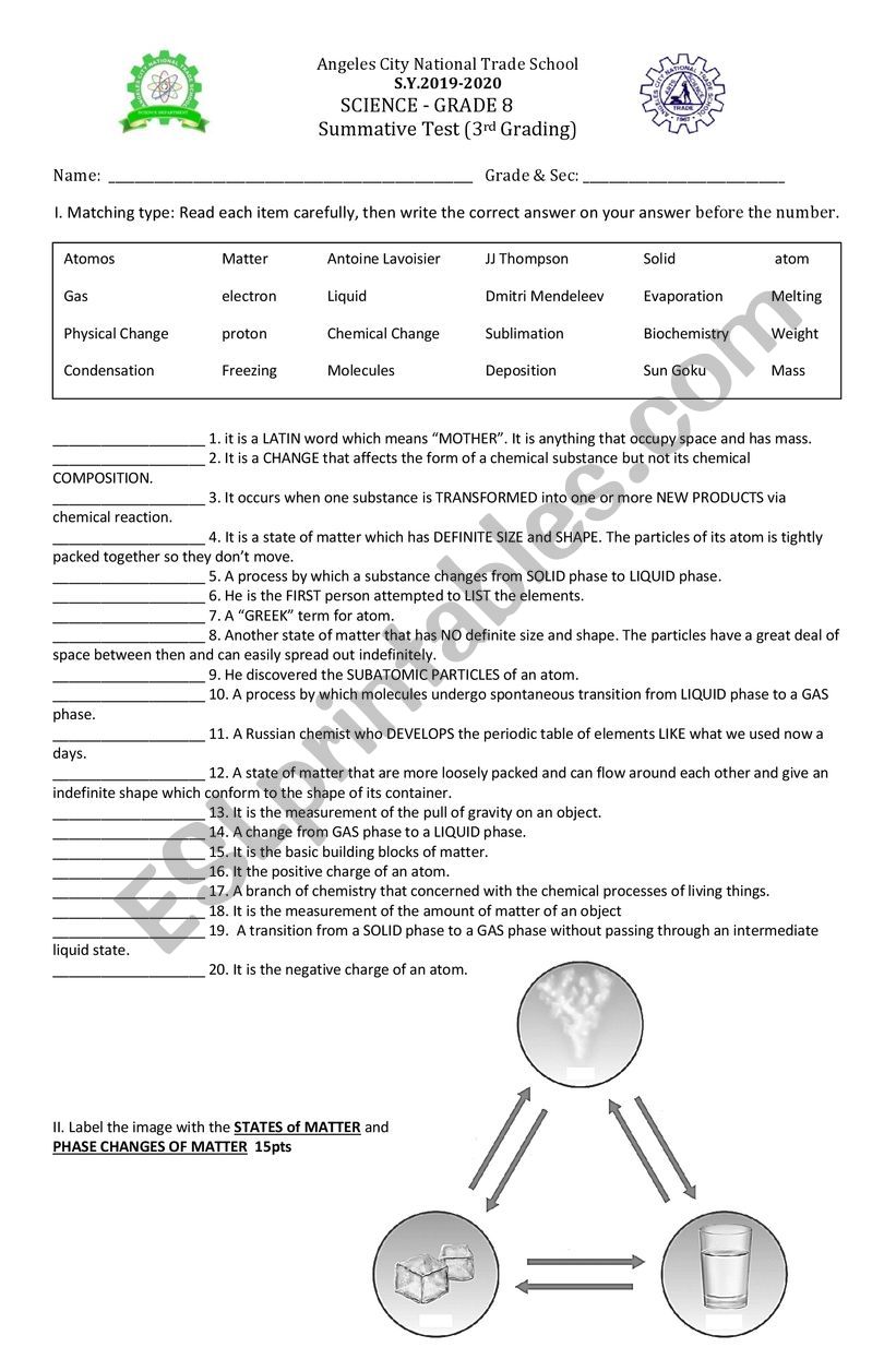 Matter Long Quiz worksheet