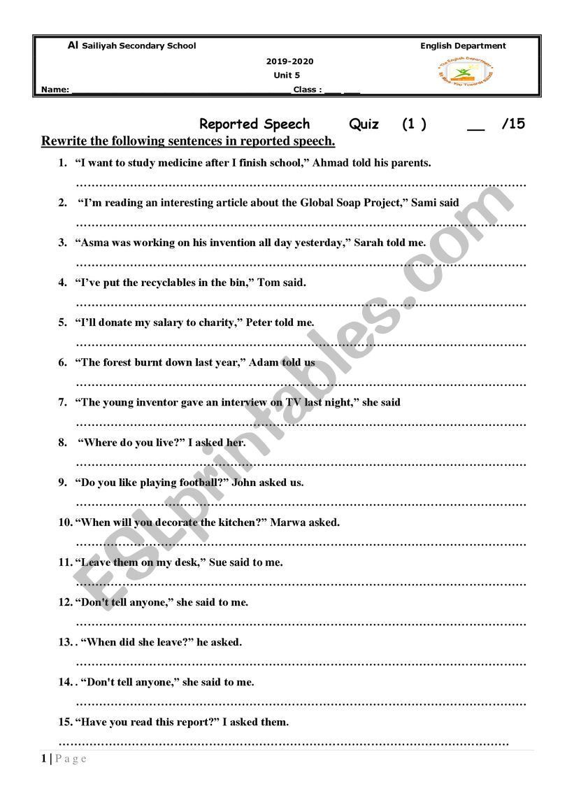 reported speech quiz  worksheet