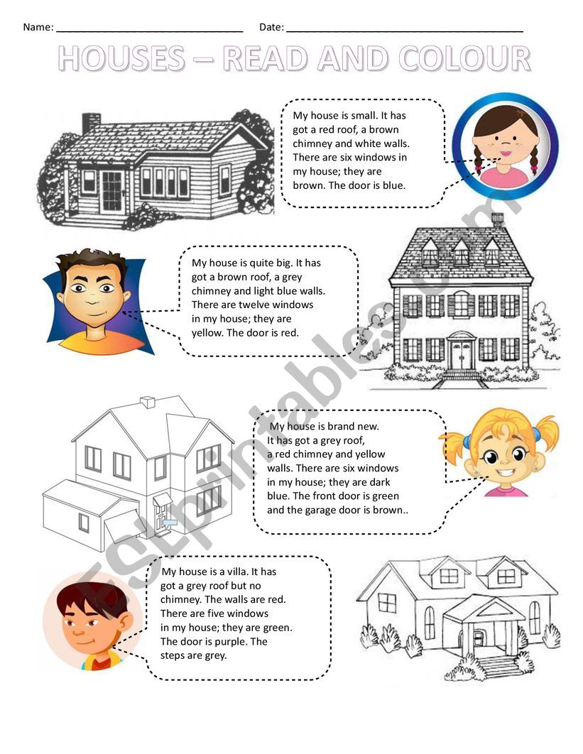 homes - read and colour worksheet