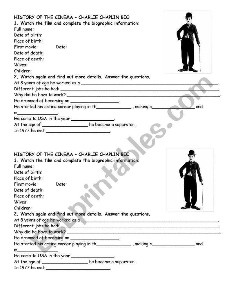 Charlie Chaplin Biography worksheet