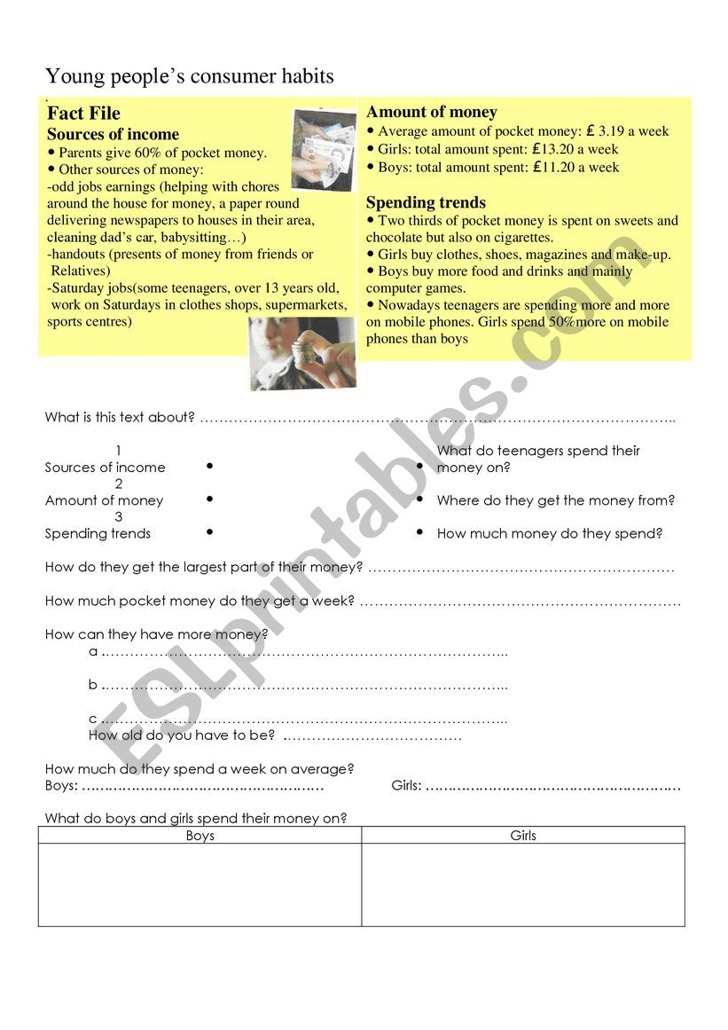 Young people and money worksheet
