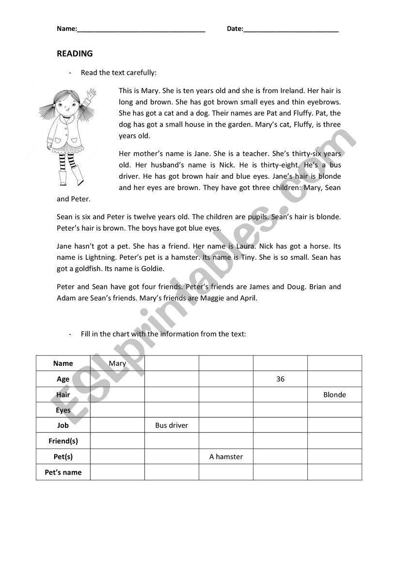 MaryÂ´s Family worksheet