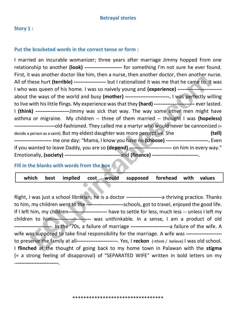 betrayed women stories  worksheet