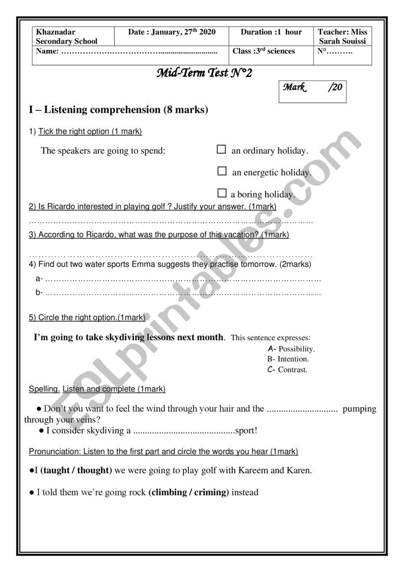 mid term test n2 3rd form worksheet