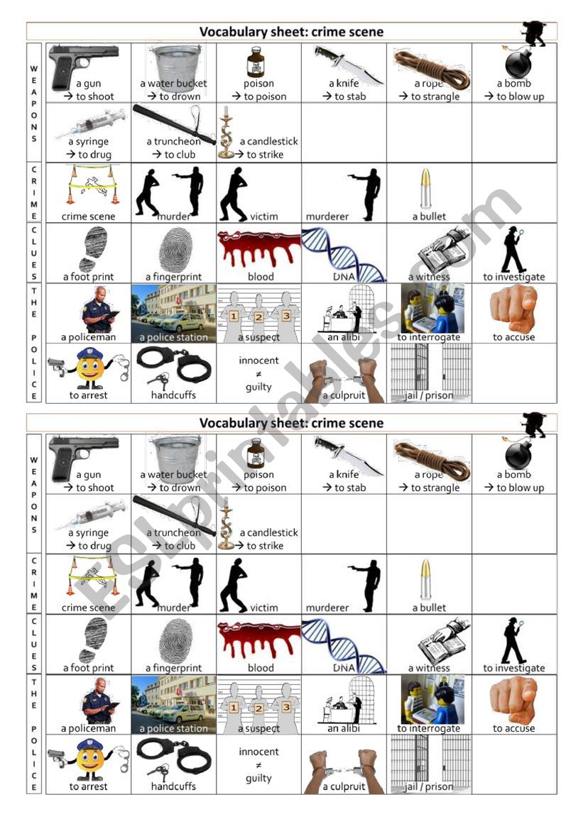 Crime scene vocabulary sheet worksheet