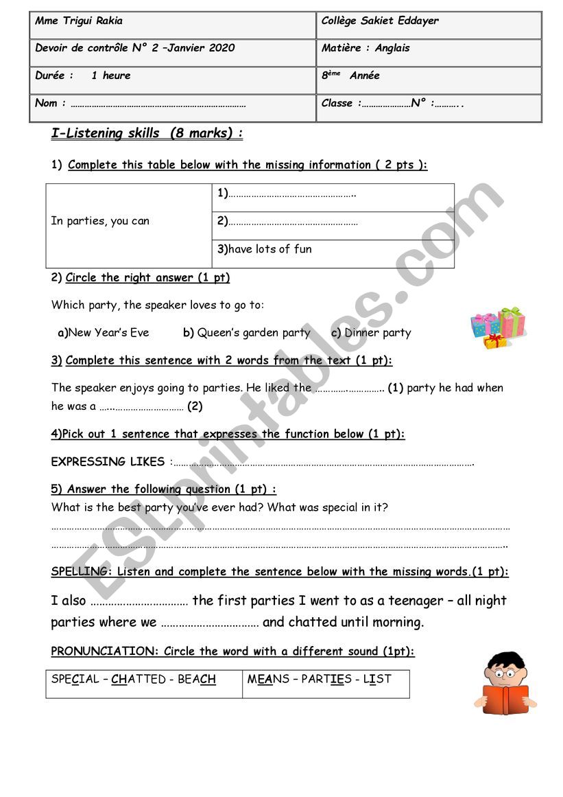 8th form test(Term 2) worksheet