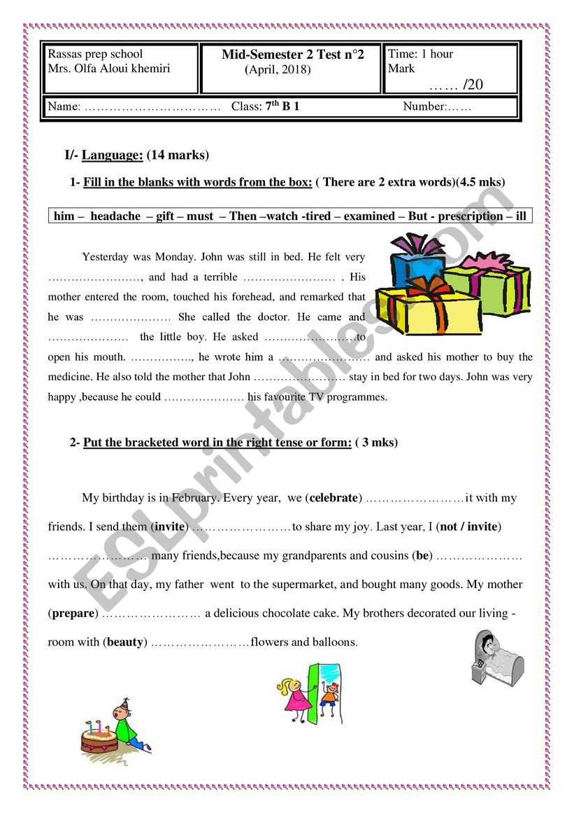 mid-term test n 2 7th form worksheet