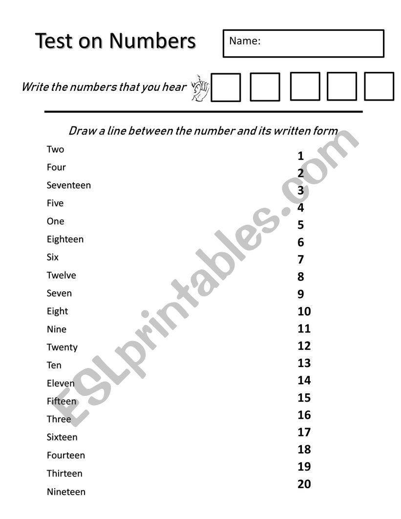 Test on numbers (1-20) worksheet