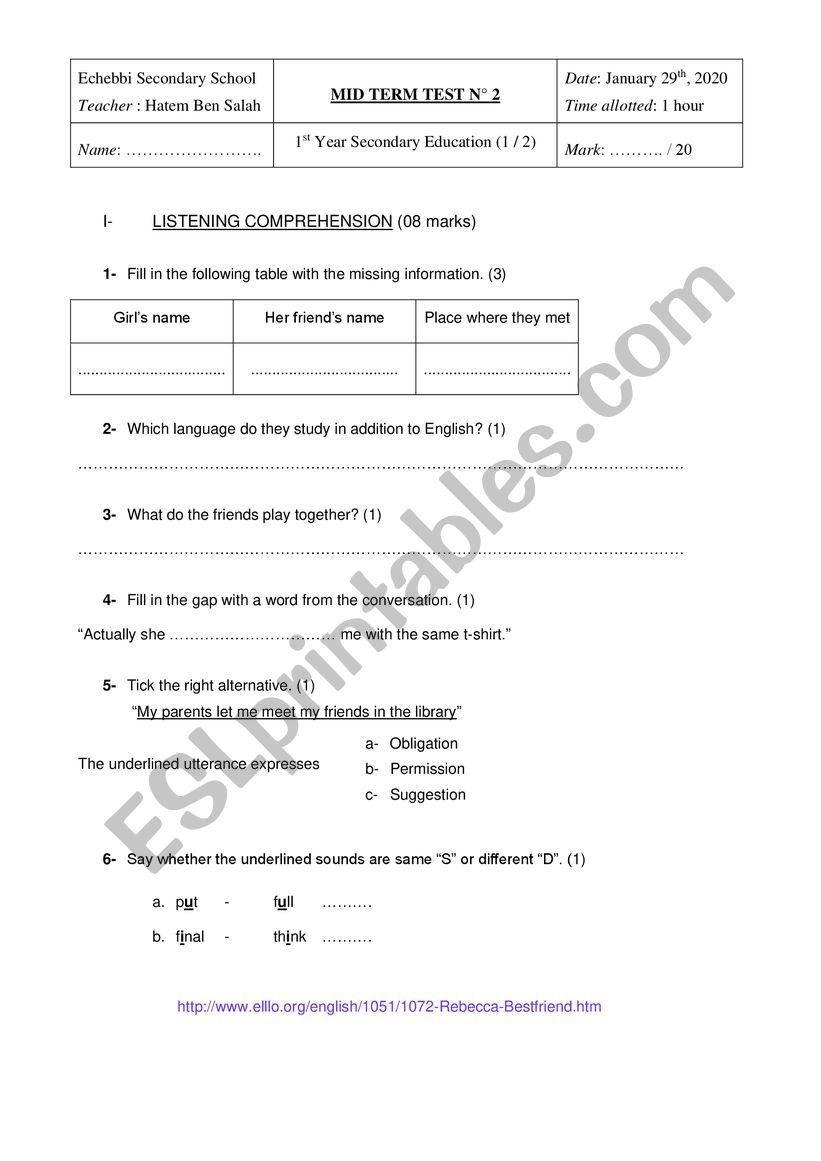 Mid term test 2 first year secondary education