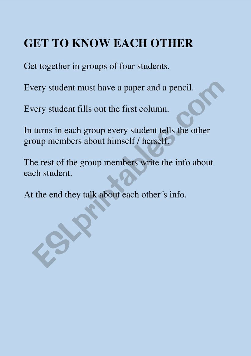 GET TO KNOW ONE ANOTHER worksheet