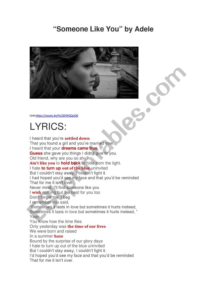 Someone Like You by Adele worksheet