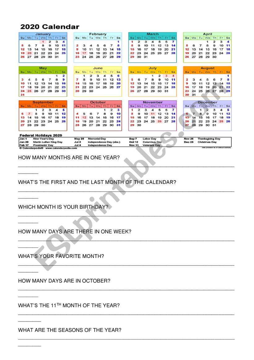 CALENDAR ACTIVITY worksheet