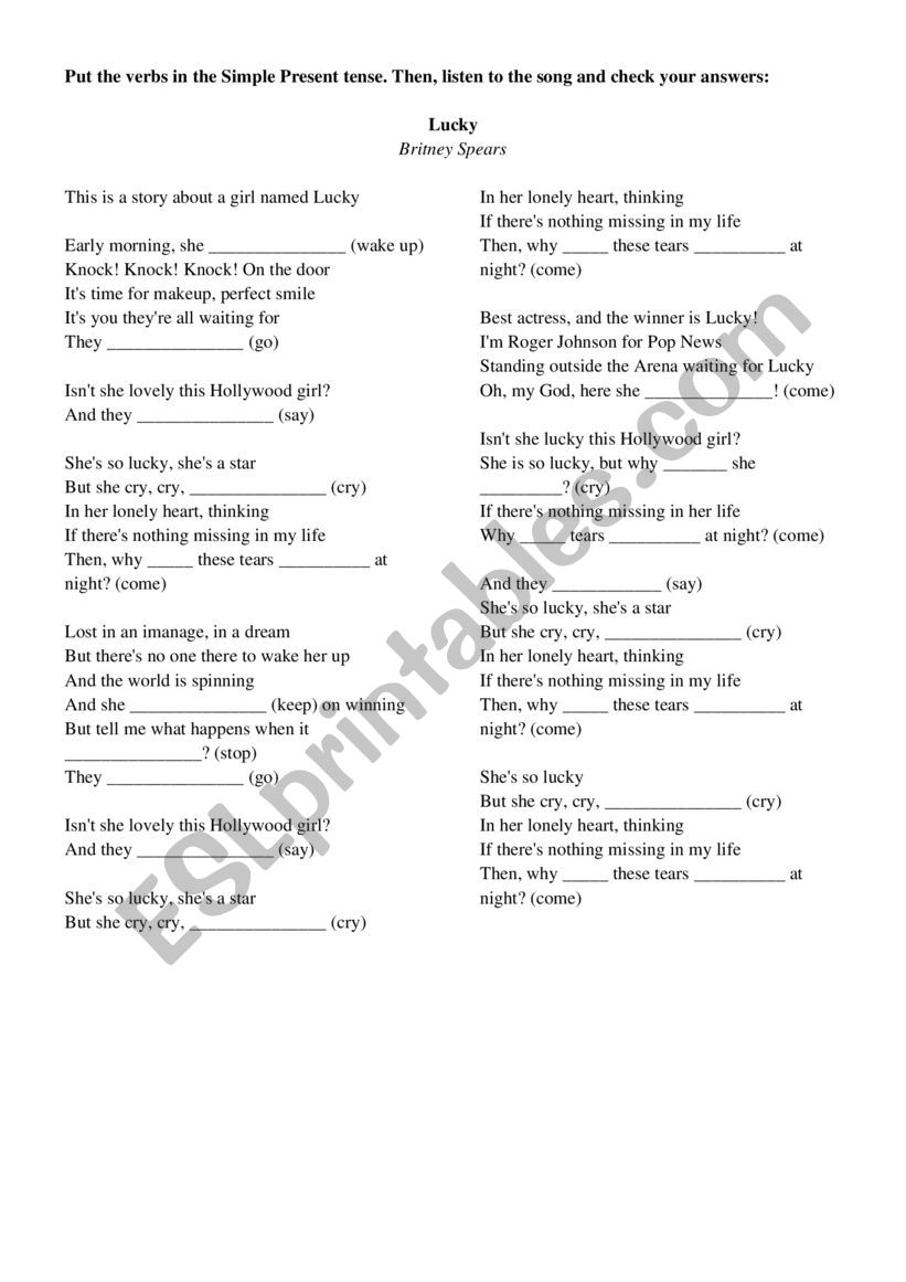 Simple Present Listening Worksheet with Lucky (Britney Spears) lyrics