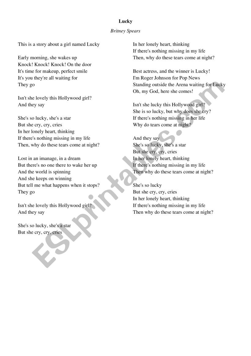 Simple Present Listening Worksheet With Lucky Britney Spears Lyrics Esl Worksheet By Isa Abe