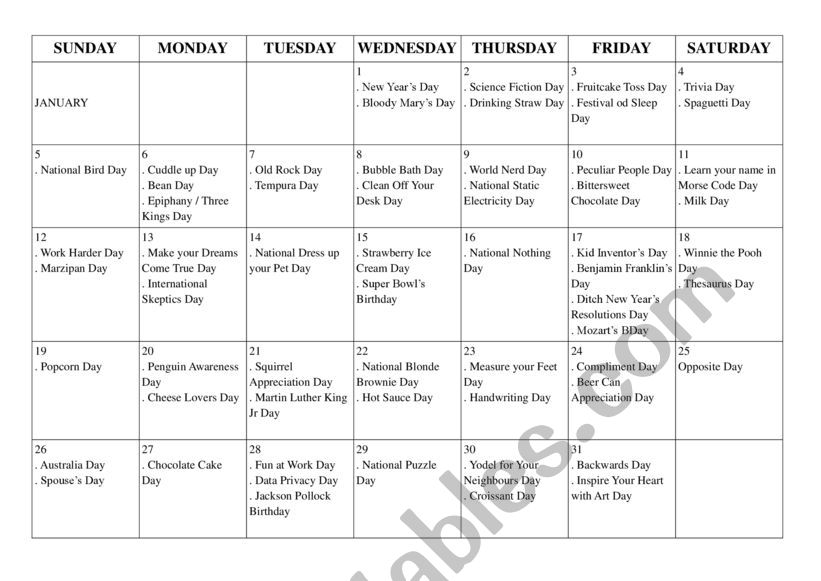 Special days around the world worksheet