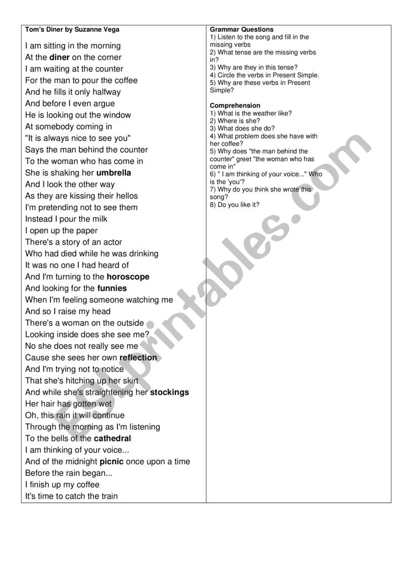 Tom�s Diner - Suzanne Vega worksheet
