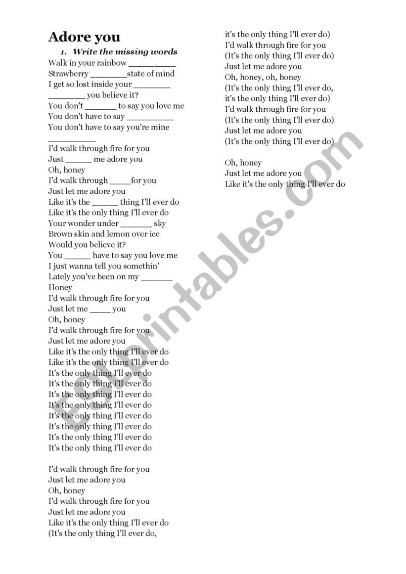 Adore you song worksheet