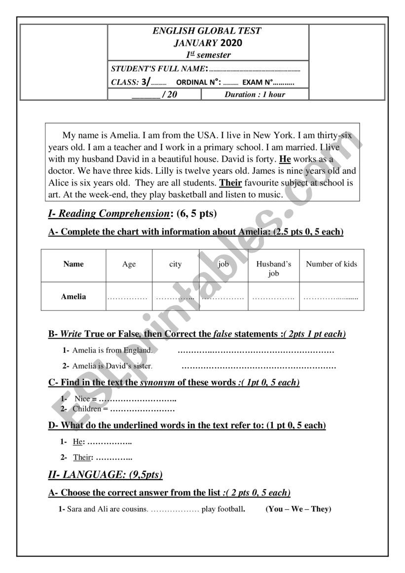 global exam elementary worksheet