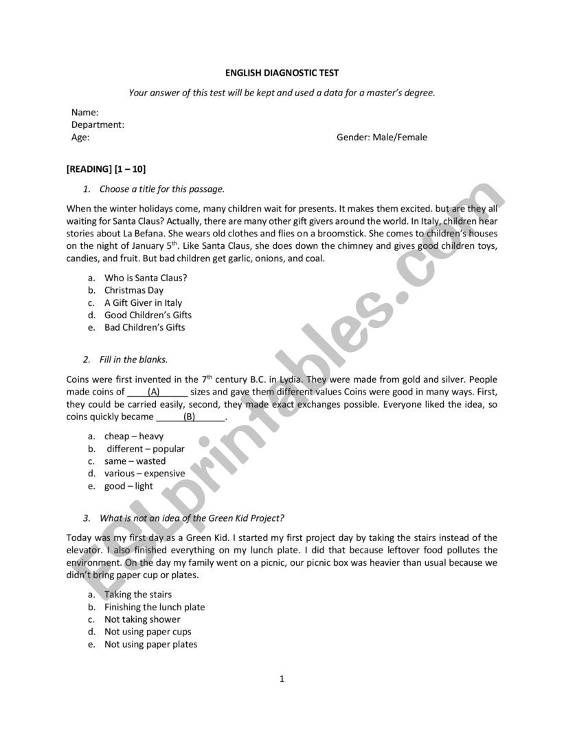 Diagnostic Test worksheet