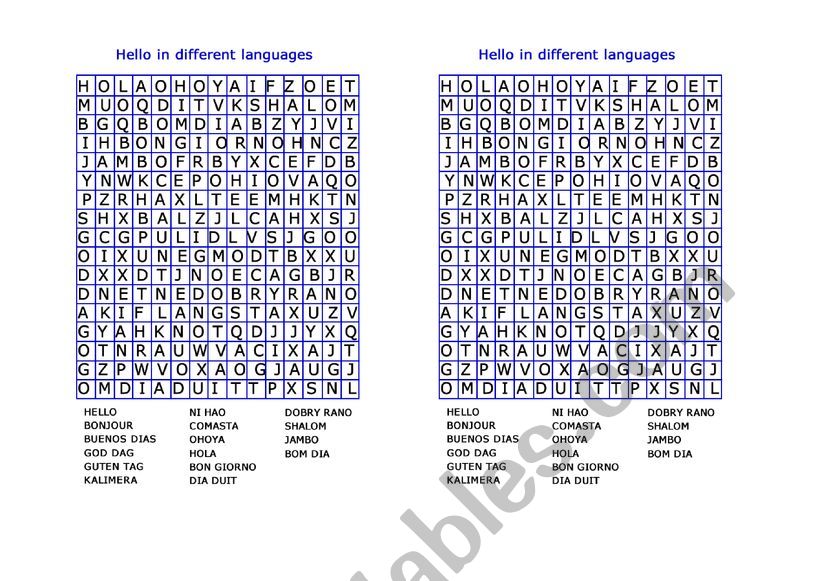 Hello around the world wordsearch