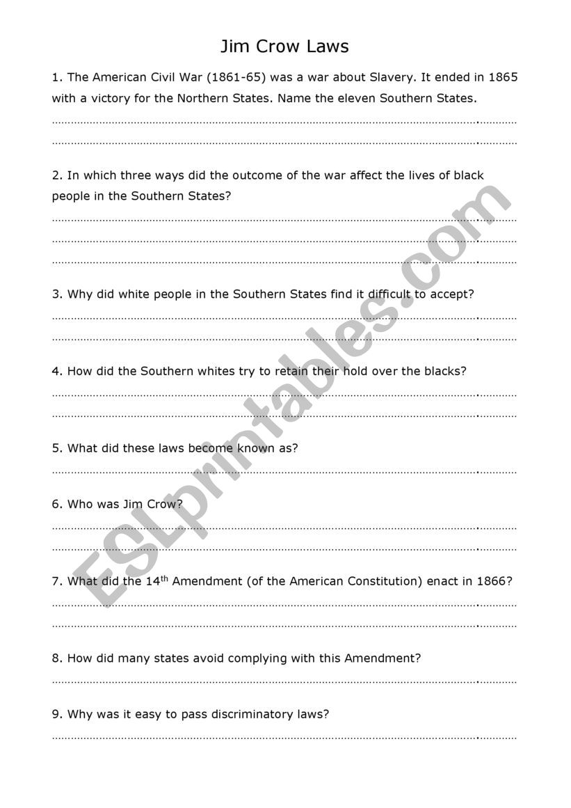 Jim Crow Laws Comprehension worksheet