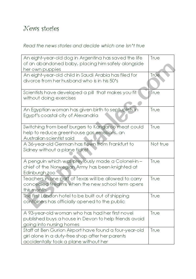 News stories worksheet