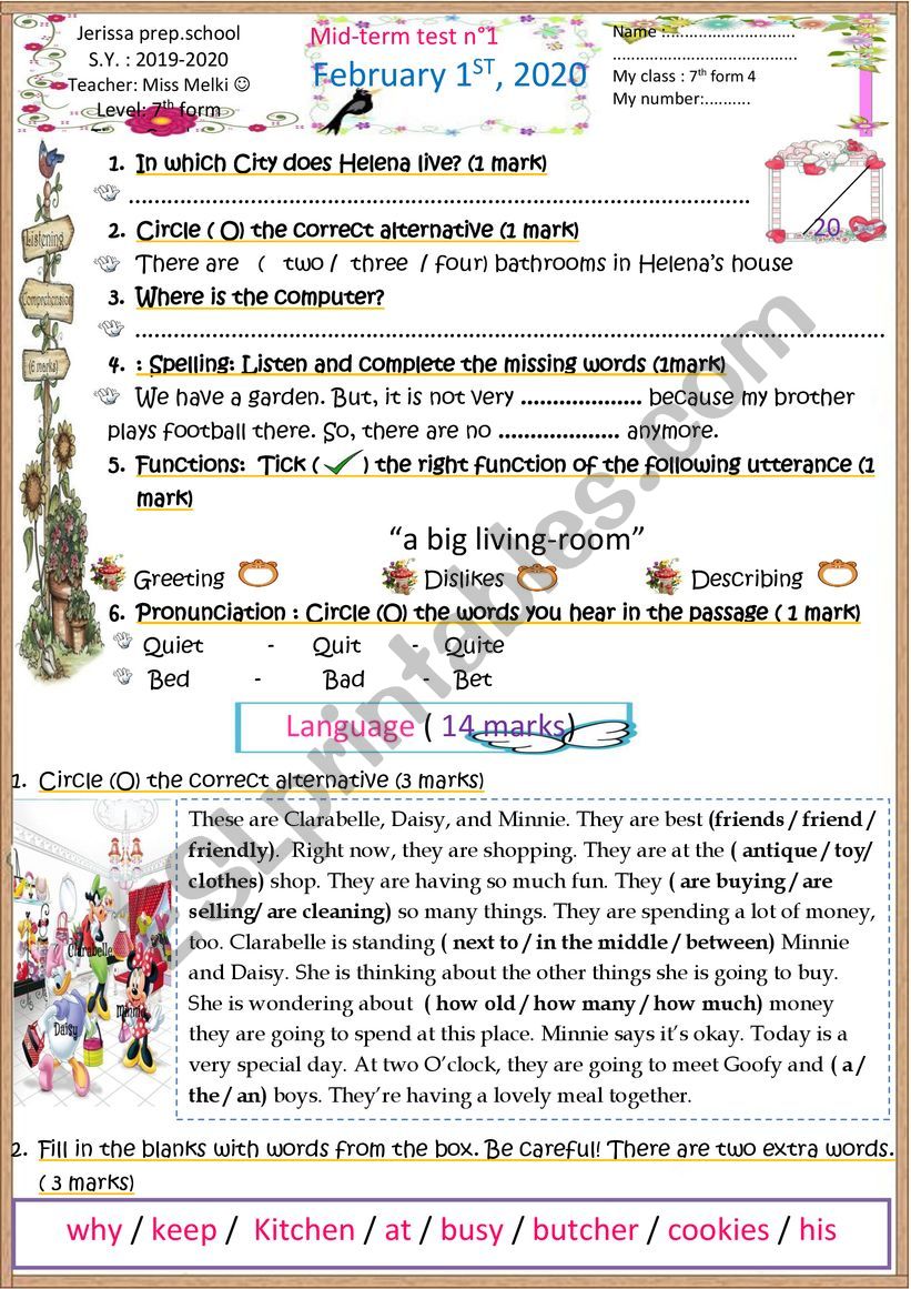 7th form Mid- term test N2 worksheet