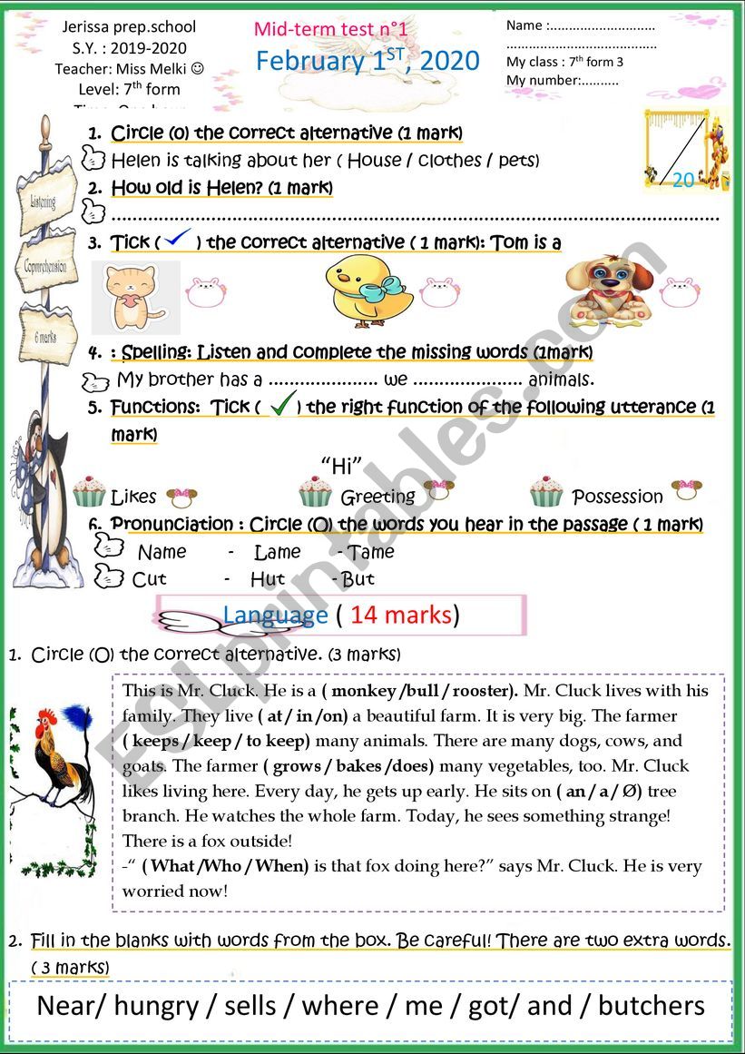 7th form Mid- term test N2 worksheet
