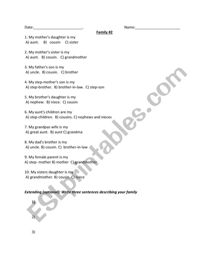 Family relationships worksheet