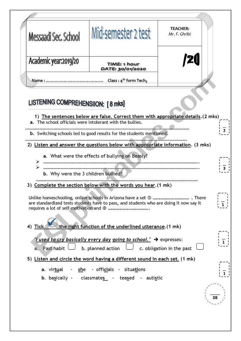 Mid-term test 2   4th form TECH