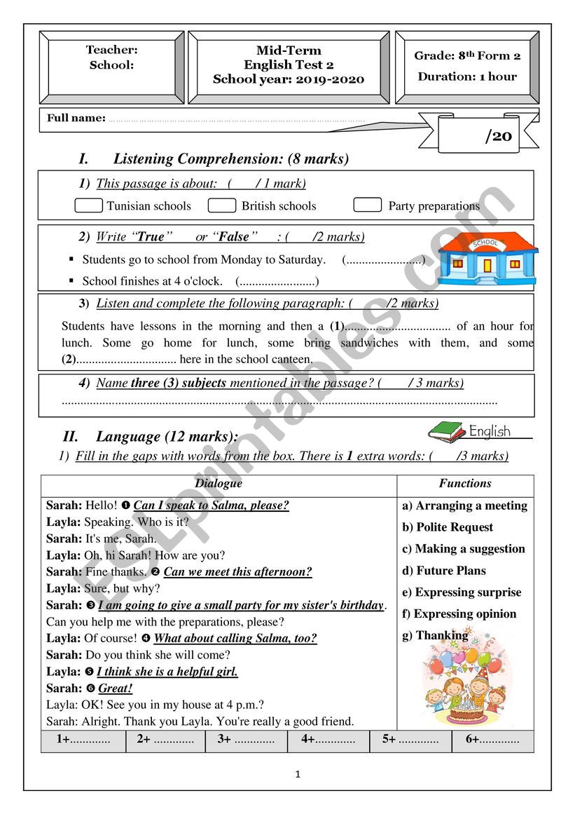 Mid-Term English Test 2 for 8th graders