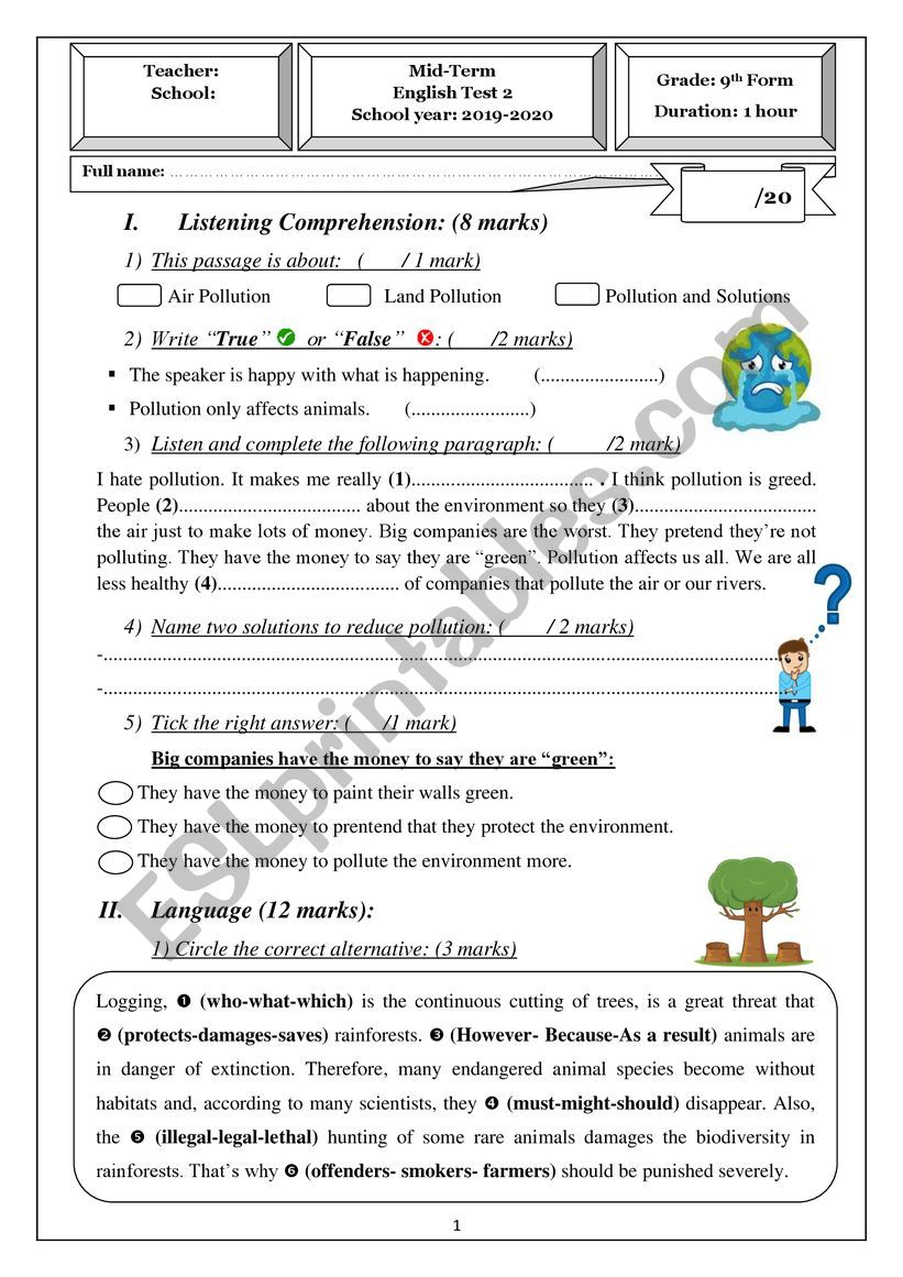 Mid-Term English Test 2 for 9th graders