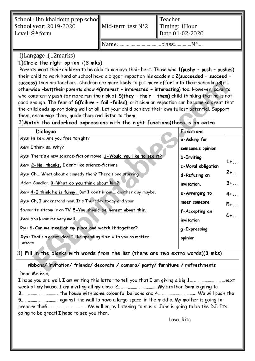 Mid term test N°2 8 th form 2020 - ESL worksheet by adamahmed