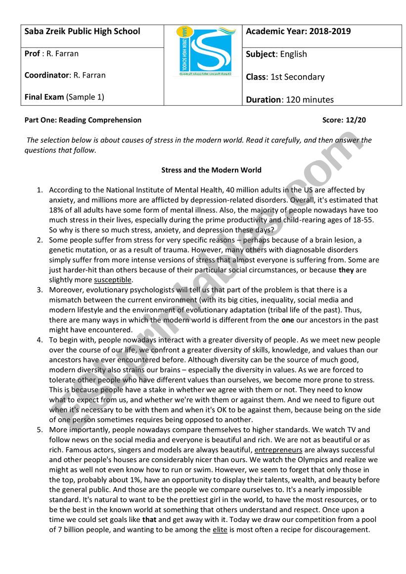 English language test worksheet