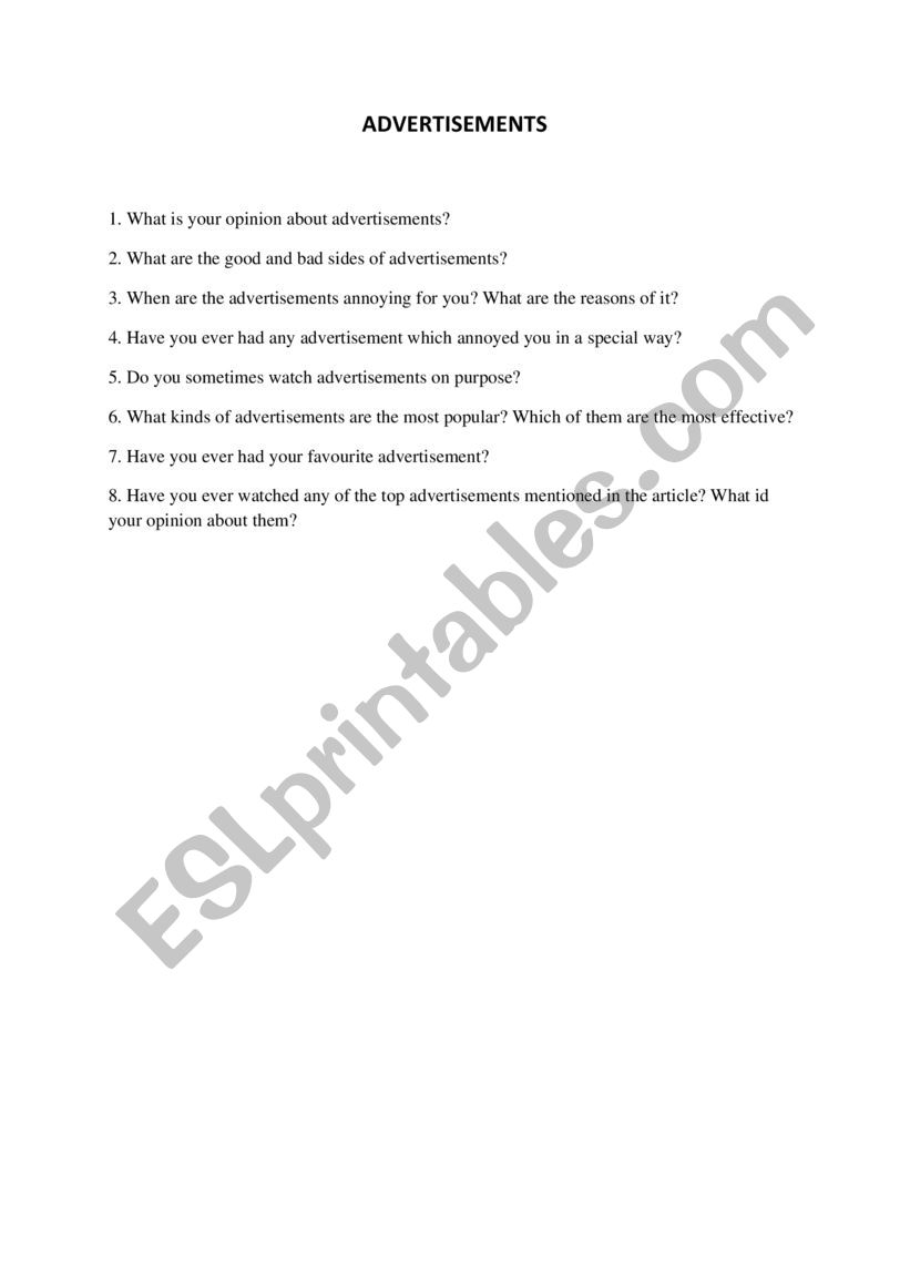 advertisements questios worksheet