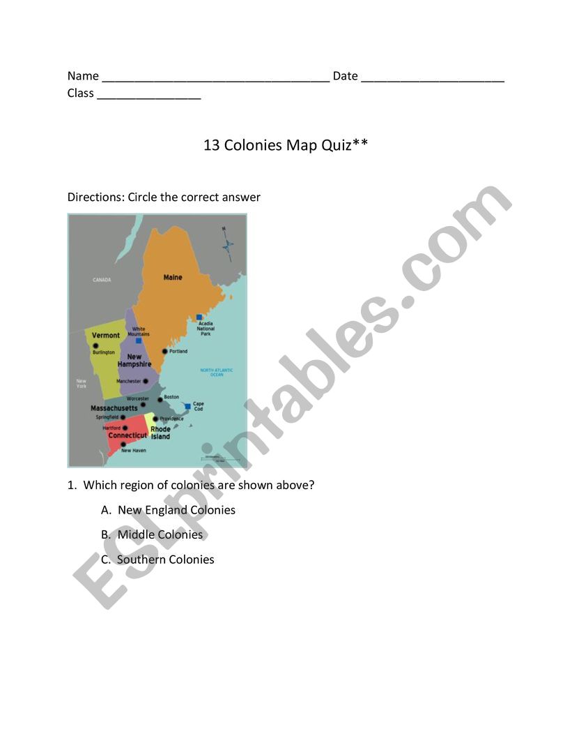13 colonies Quiz worksheet