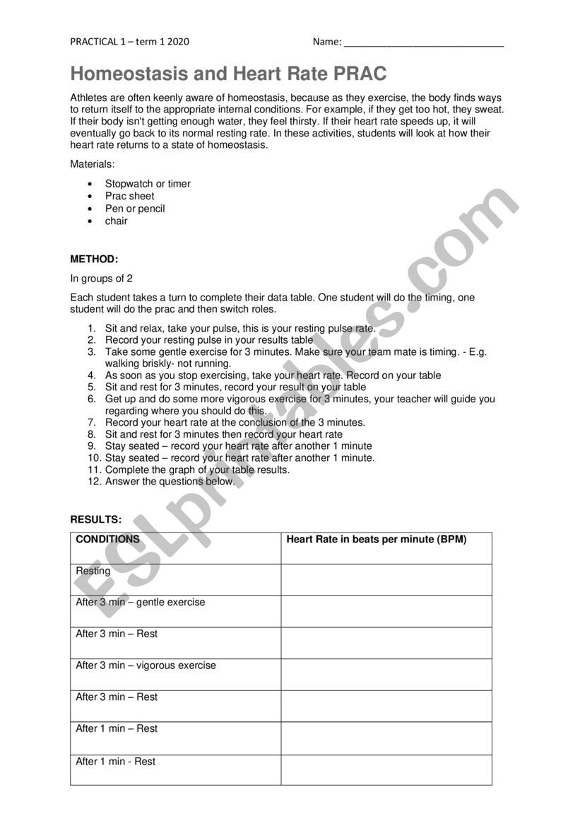 Homeostasis Practical task worksheet