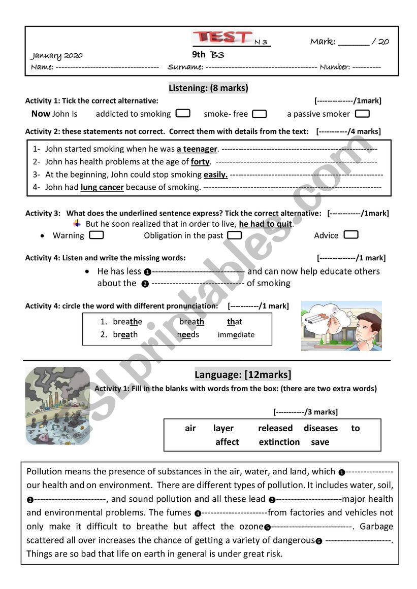 test 3 9th form  worksheet