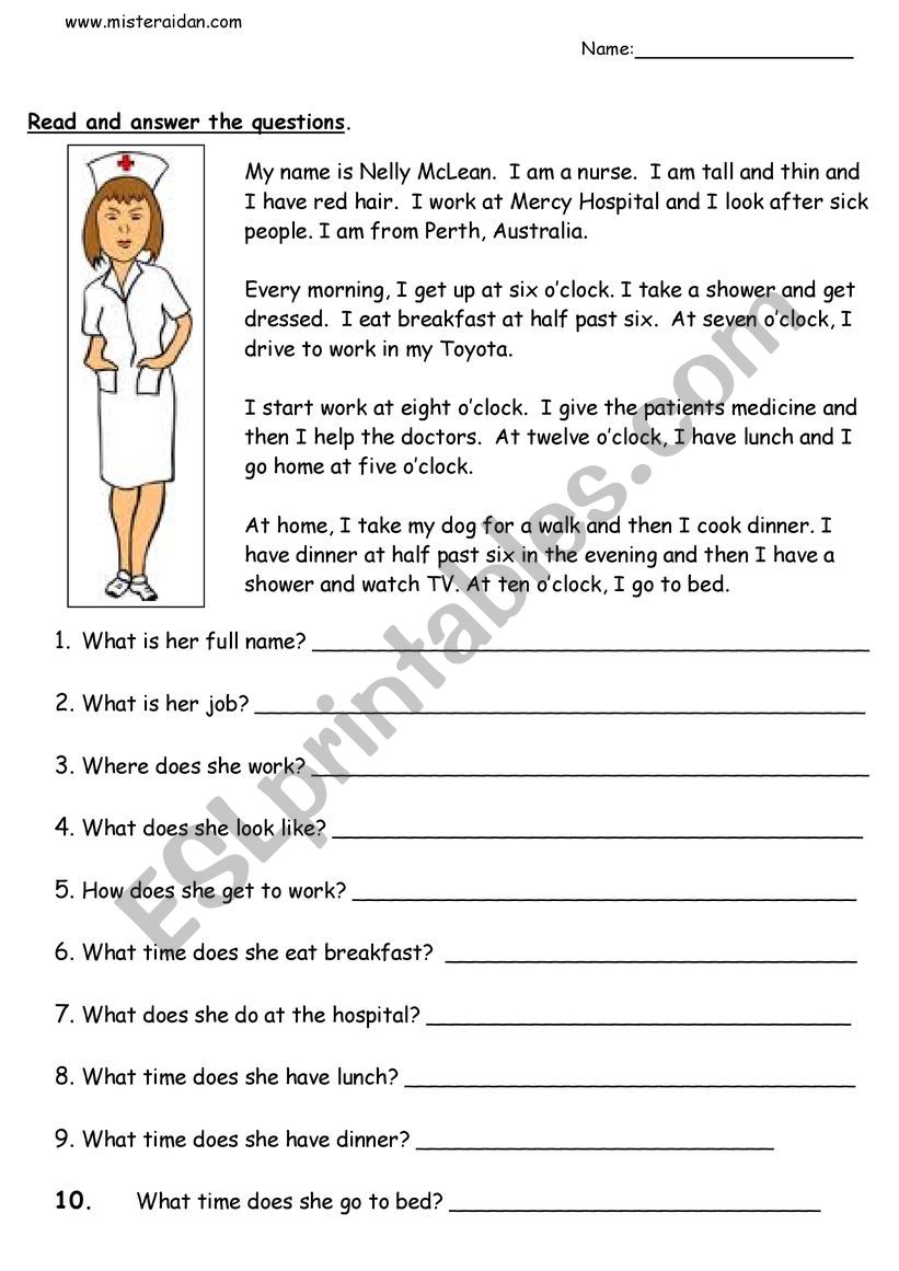 Nelly the Nurse worksheet