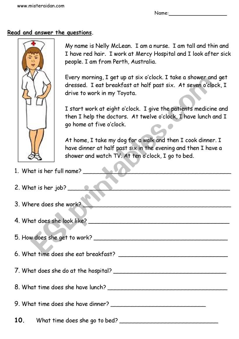 Nelly the Nurse worksheet