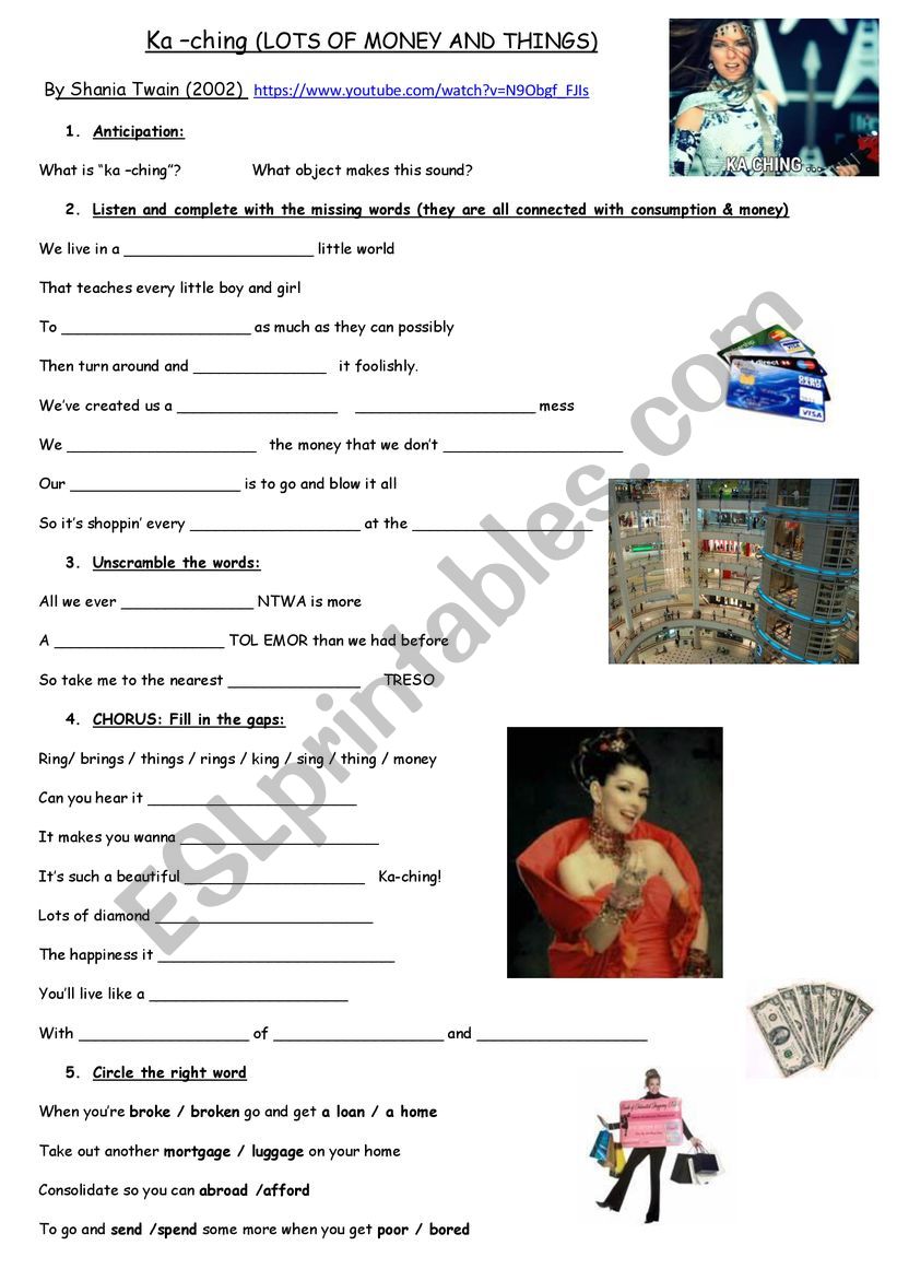 song ka ching by Shania Twain worksheet