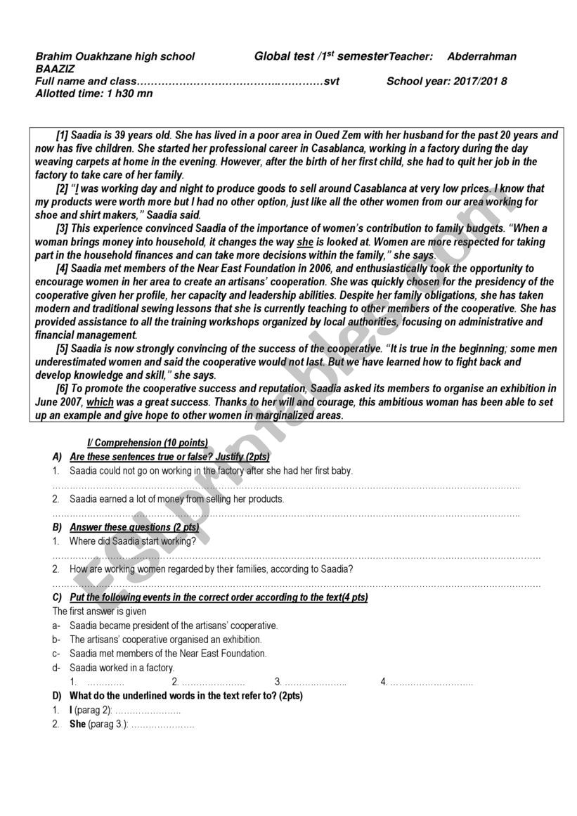 global test worksheet