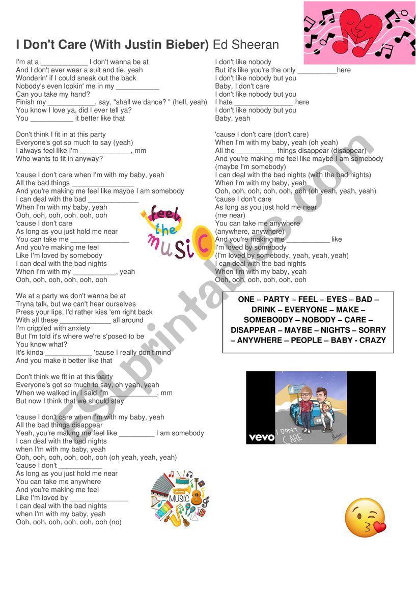 I DON�T CARE SONG worksheet