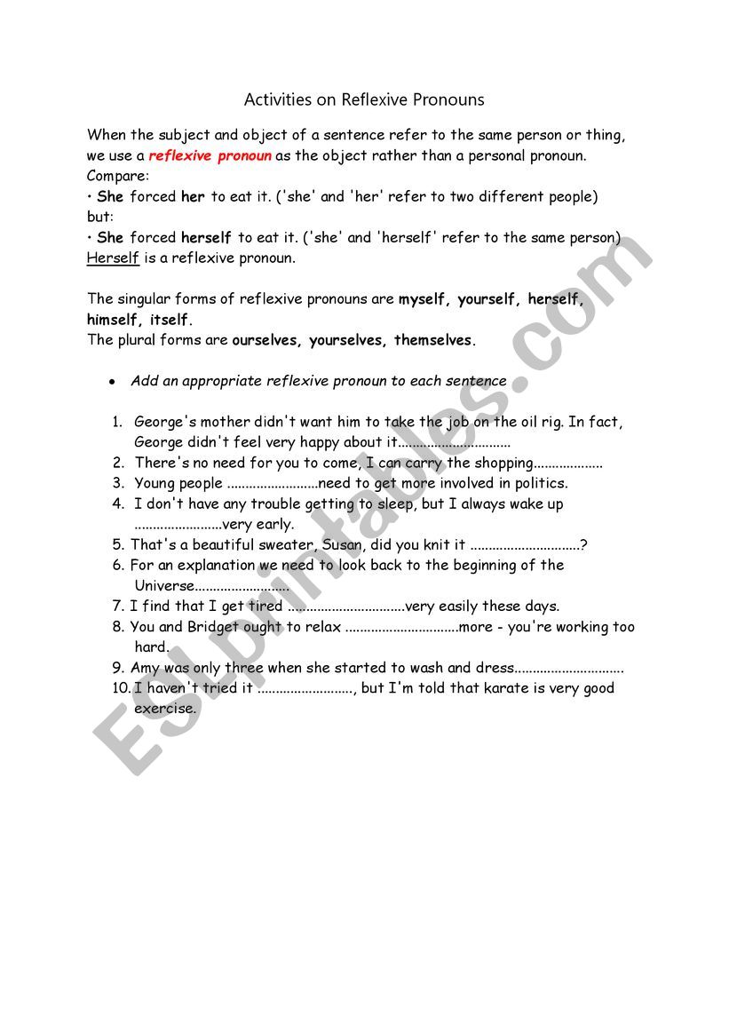 reflexive  pronouns worksheet