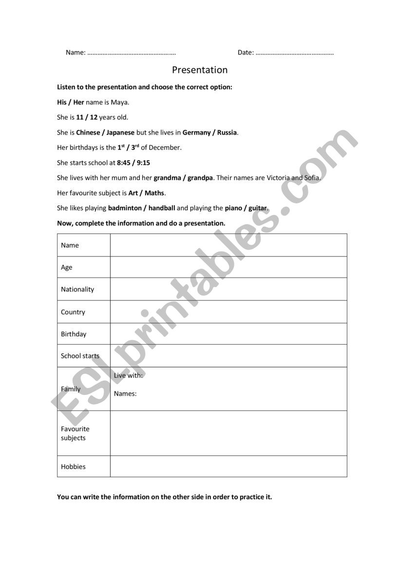 Oral presentation worksheet