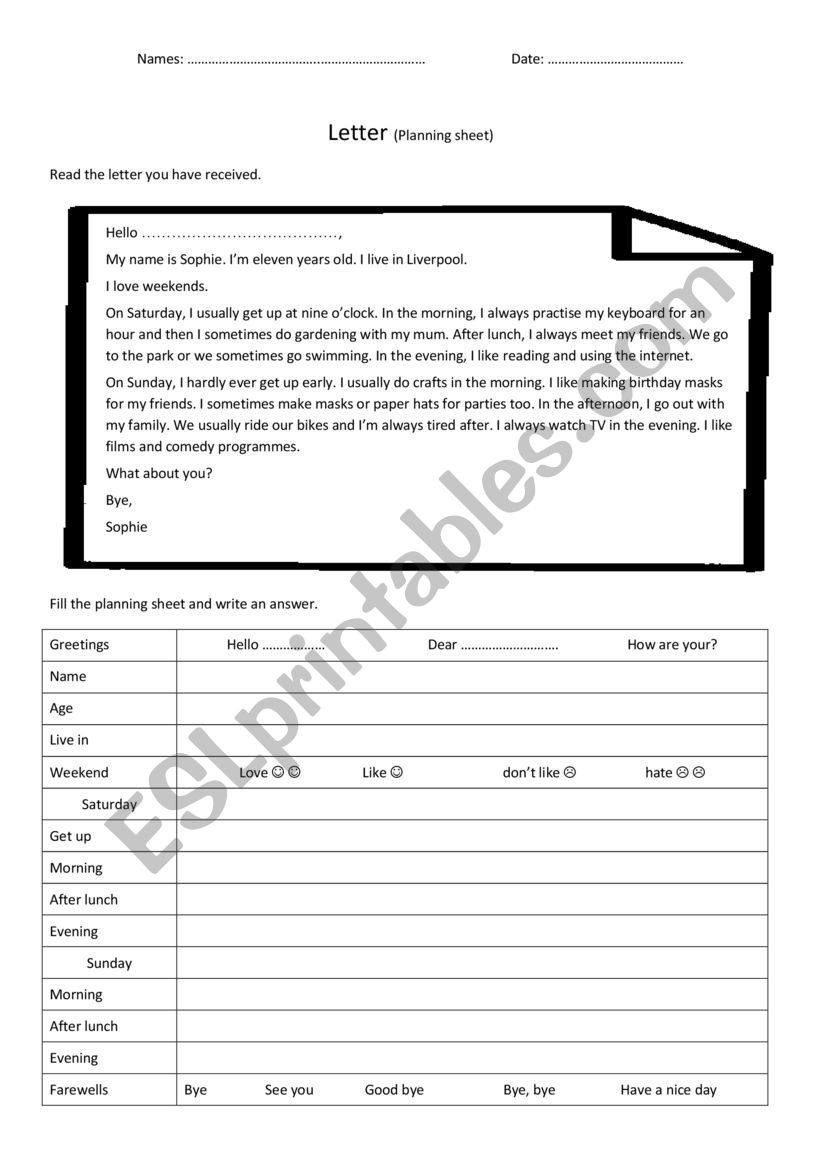 Writing Routines letter planning sheet