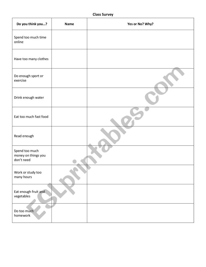 Classroom Survey worksheet