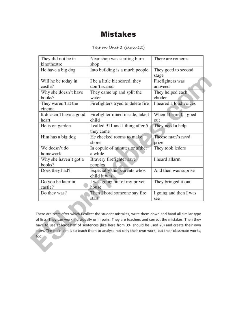 Story in the past tense worksheet