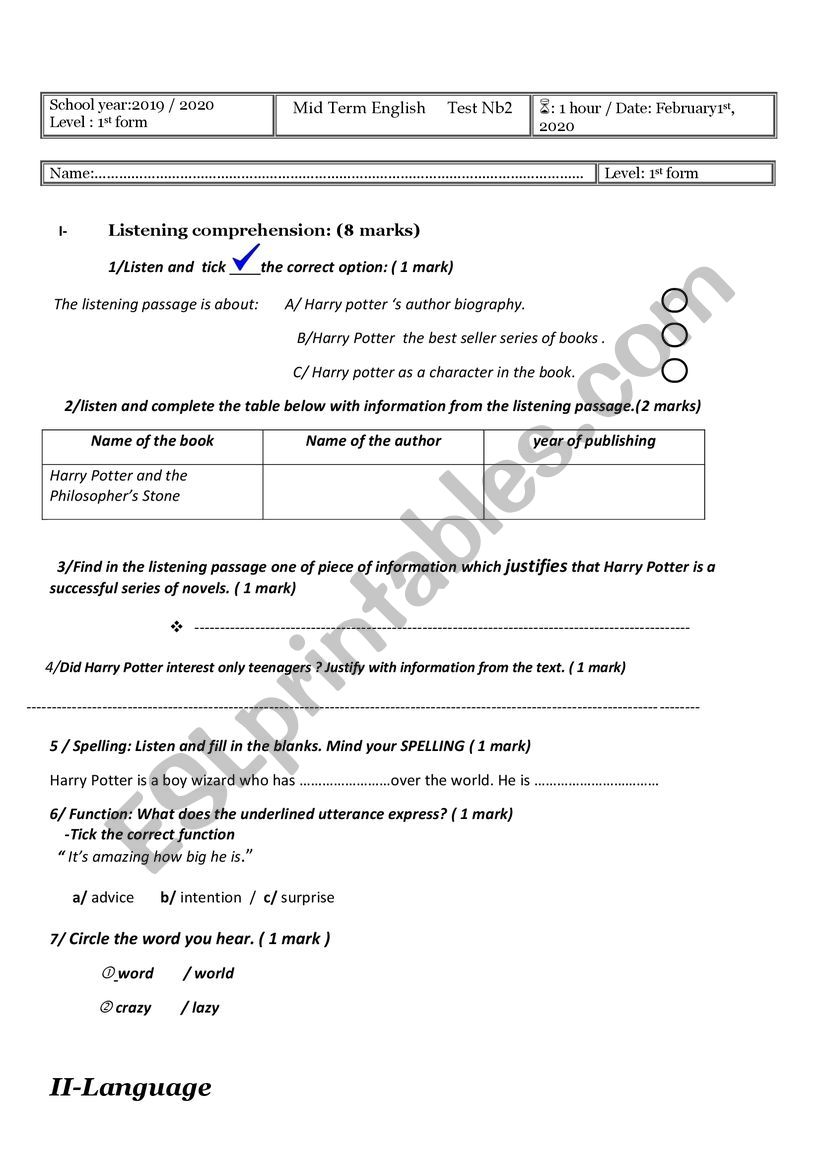mid term test 2 ( first form) worksheet