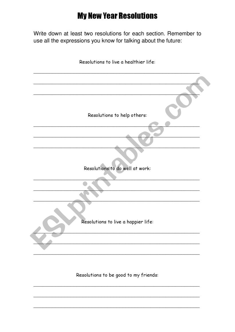 New Year�s Resolutions worksheet